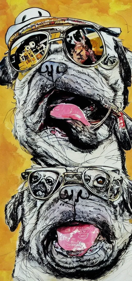 Prompt: fear and loathing and pug vegas, ralph steadman style, wild