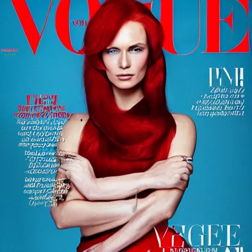 Prompt: Vladmir putin with his new red hair posing to Vogue magazine cover photo