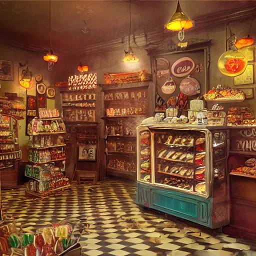 Prompt: Inside an old fashioned sweet shop, fantasy vendor interior, wide angle, cinematic, highly detailed, cinematic lighting , photo-realistic, 1900s