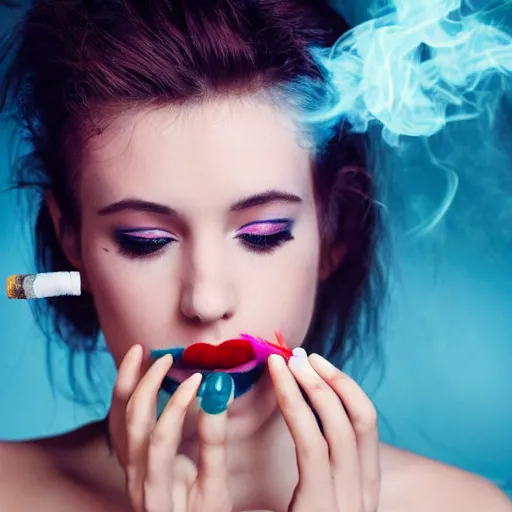 Prompt: a beautiful pale skinned brunette smoking a cigarette with multicolored smoke. Dslr close up publicity shot.