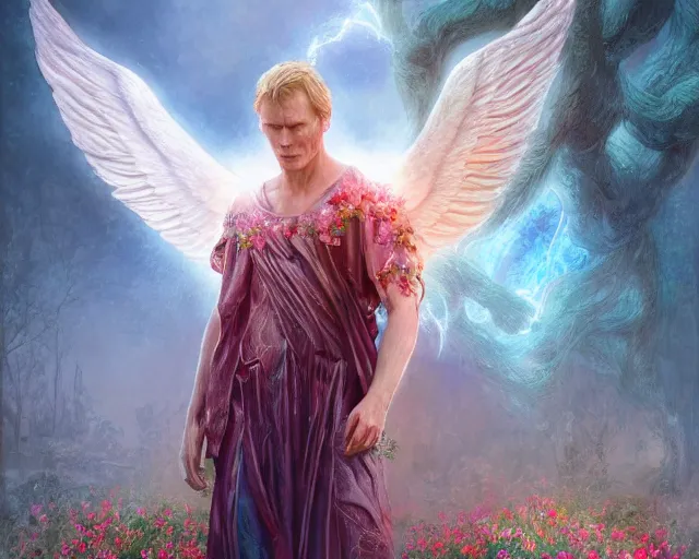 Prompt: paul bettany as angel is covered in vines and flowers standing in front of a beautiful cottage, a digital painting by thomas canty and thomas kincade and ross tran, art nouveau, atmospheric lighting, trending on artstation