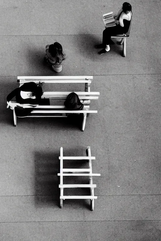 Image similar to A photograph of two benches in a clearing, a woman sitting on one of the benches reading a book, looking down from above,black and white photo.ISO200,F4.5,80mm,1/30,Nikon D3.