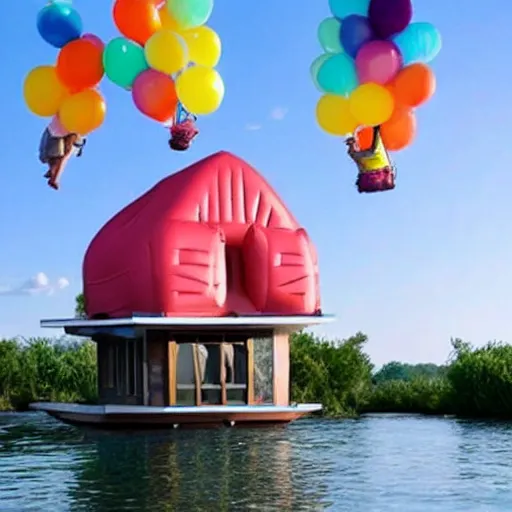 Image similar to floating house inspired by movie up, held by ballons in the air