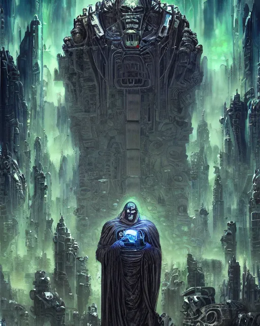 Prompt: dr. doom in a scifi city, by antonio j. manzanedo, giger, alex grey, android jones, wayne barlowe, philippe druillet, raymond swanland, cyril rolando, josephine wall, harumi hironaka, trending on artstation