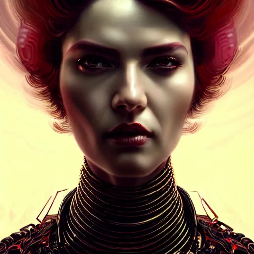 Prompt: woman with extremely large and intricate haircut with angry red eyes and slim features looking askance, eye cyberpunk bionics, retro futurist style, intricate, elegant gleaming intricate baroque jewelry, angelic halo, highly detailed, digital painting, artstation, concept art, smooth, sharp focus, illustration, art by wlop, mars ravelo and greg rutkowski,