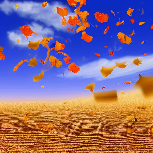 Image similar to a sandy desert landscape with a few flower petals floating in the wind, digital art