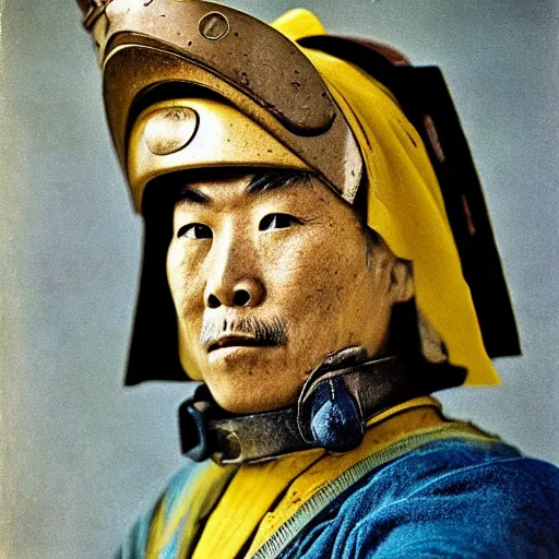 Prompt: portrait old samurai hero with armor, leica, by photographer walker evans, vibrant yellow colors,