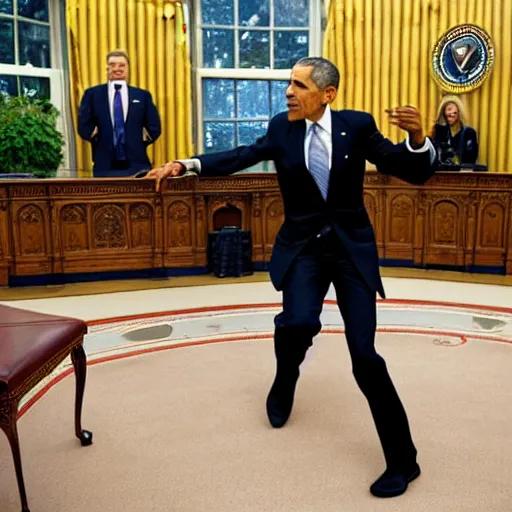 Image similar to barack obama breakdancing on the desk in the oval office