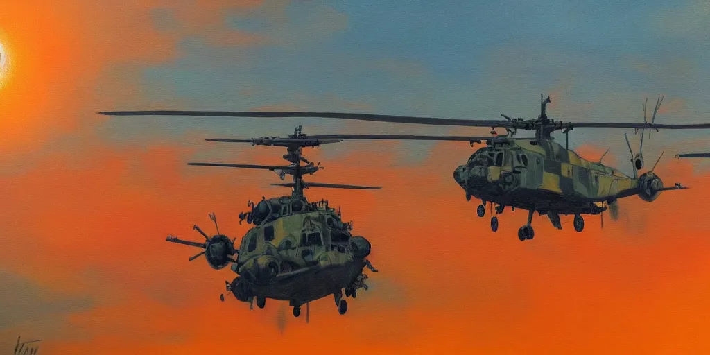 Image similar to Painting of vietnam Huey Helicopters, above a forest, orange sun set, abstract, realism, high details, glow, far, distance, over the horizon, drawn