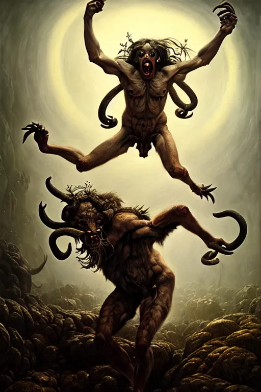 Prompt: satyr jumping and screaming by anna podedworna, ayami kojima, greg rutkowski, giger, maxim verehin