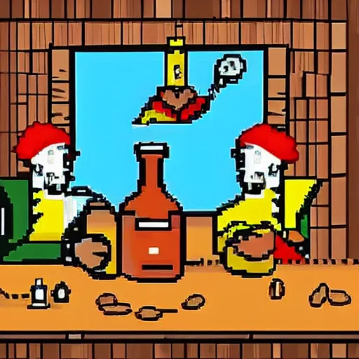 Image similar to Three important pirates drinking grog in a tavern table 16 bit computer art