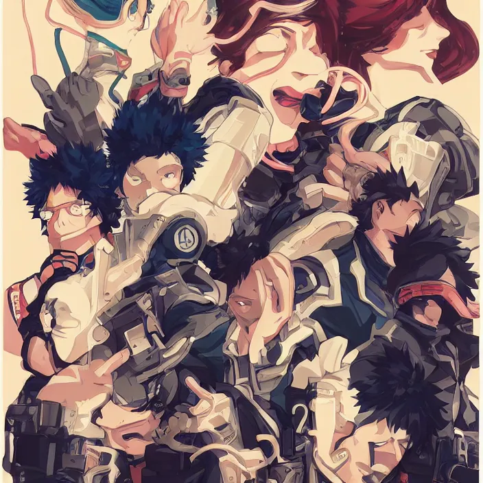 Image similar to anime portrait my hero academia, futuristic science fiction, mucha, hard shadows and strong rim light, art by jc leyendecker and atey ghailan and sachin teng