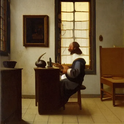 Image similar to An oil painting of a man sat at an escritoire desk with his hand touching an ammonite fossil, there is a window with muntins to his left and a wood closet behind him, in the style of The Astronomer by Vermeer, Dutch Golden Age, Old Masters