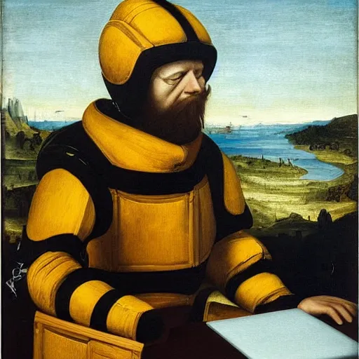 Prompt: tired man in a bumblebee suit sips a coffee in front of a laptop, highly detailed, masterpiece, renaissance, oil on canvas