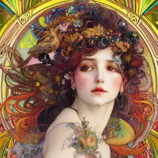 Prompt: realistic detailed face portrait of an otherworldly fairy tale Parrot Goddess with colorful feathers and jewels in her hair by Alphonse Mucha, Ayami Kojima, Amano, Charlie Bowater, Karol Bak, Greg Hildebrandt, Jean Delville, and Mark Brooks, Art Nouveau, Neo-Gothic, gothic, rich deep moody colors