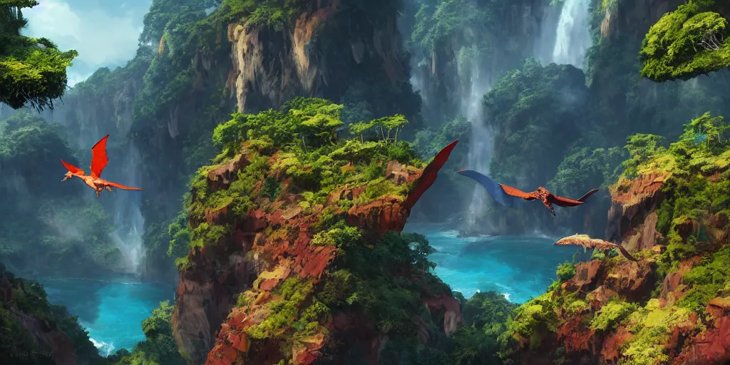 Prompt: wide angle view of swooping ((orange red cerulean indigo)) pterodactyl, over a deep canyon, mountainous jungle setting, trees, waterfall, river, rocks, dramatic lighting, highly detailed, artstation, unreal engine, matte painting in the style of craig mullins, Uncharted 4, fish eye lens, 8k HDR