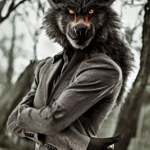 Prompt: a beautiful photography of a werewolf wearing an elegant suit, medium range shot, Canon eos M50, 50mm, trending on Artstation