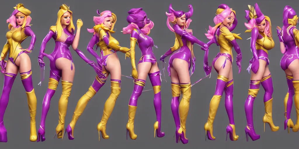 Image similar to character sheet of beautiful KDA More Miss Fortune (wild rift). 3d render, octane render, realistic, highly detailed, trending on artstation, 4k, trending on artstation, pixar, cgsociety, unreal engine 5, redshift render, trending on artstation, blender, behance, cg