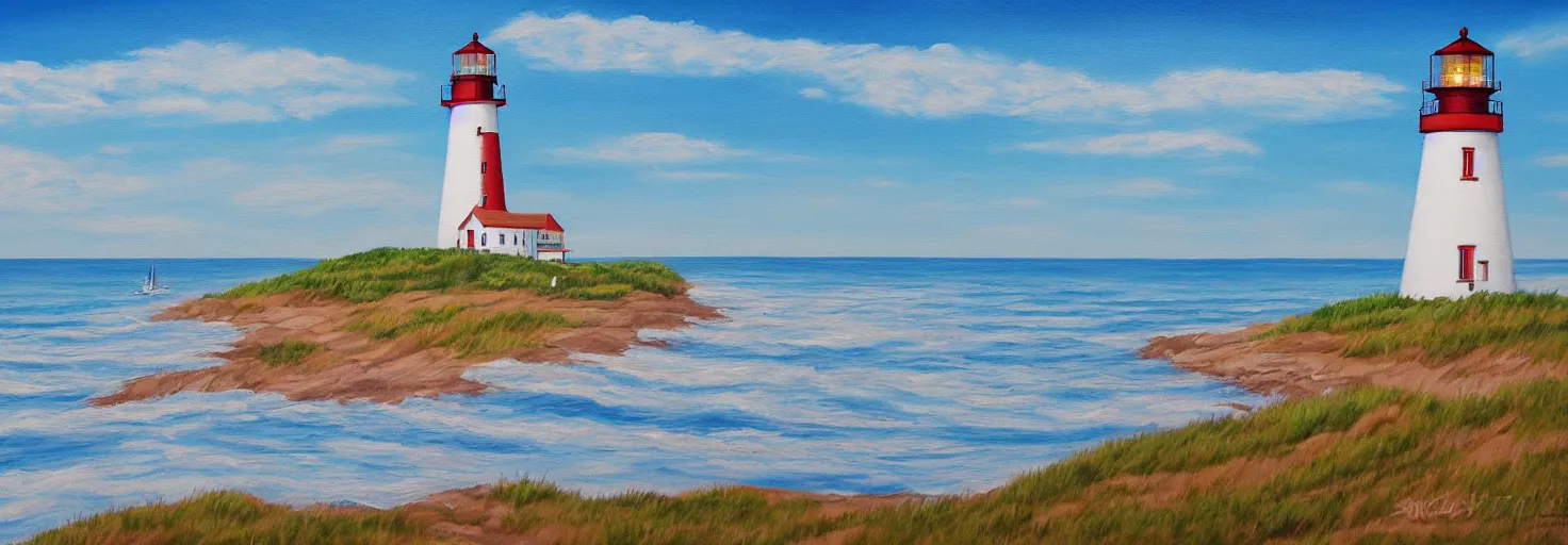 Image similar to super detailed acrylic painting of Prince Edward Island with ocean,a single lighthouse and sand dunes.