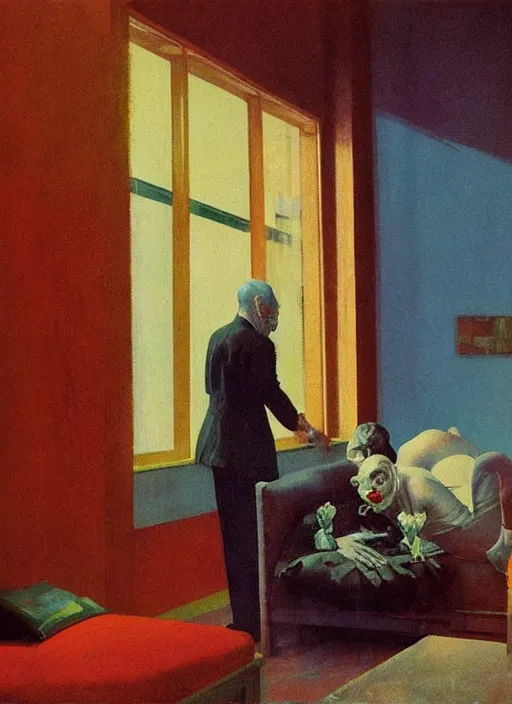 Prompt: an old dead couple in an old soviet era apartment building edward hopper and james gilleard zdzisław beksinski in the style of francis bacon, surreal, norman rockwell and malcolm liepke james jean, greg hildebrandt, and mark brooks, triadic color scheme, by greg rutkowski, in the style of syd mead