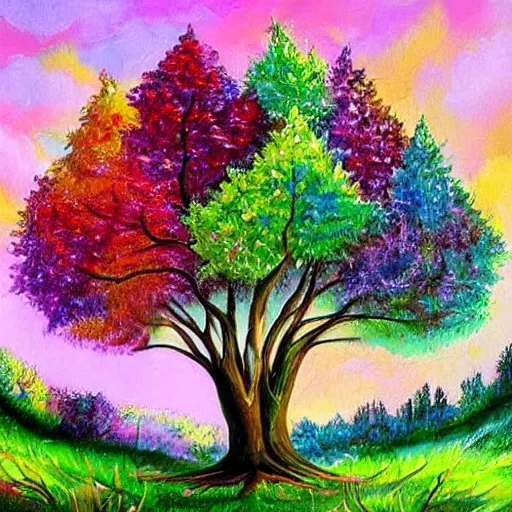 Prompt: magical realism fantasy tree landscape with colorful tree of life detailed painting