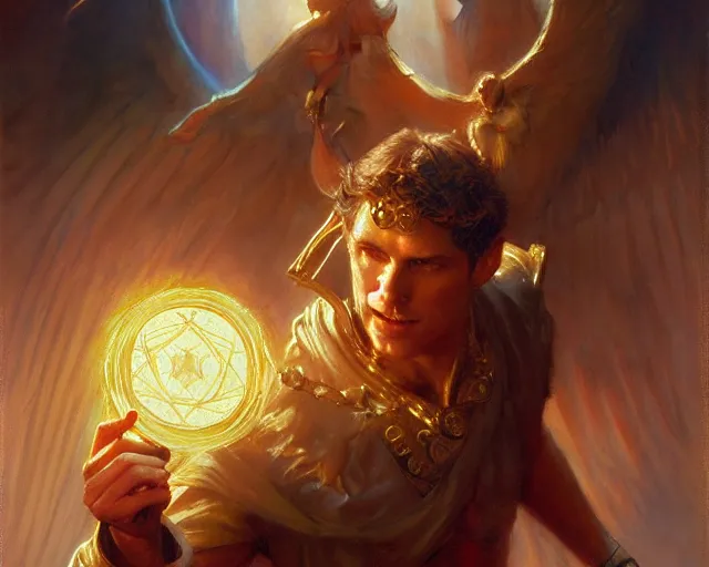 Image similar to attractive male deity, casting demonic magic, summoning handsome lucifer morning star. highly detailed painting by gaston bussiere, craig mullins, j. c. leyendecker 8 k