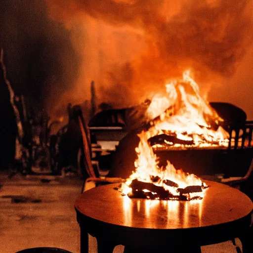 Prompt: a photograph of a big fire on a dining room on fire, only remains a wooden table and a chair (no fire at all there), an human-like relaxed dog sitting at this table, ☕ on the table, surrounded by flames, a lot of flames behind the dog, black smoke instead of the ceiling, no watermark