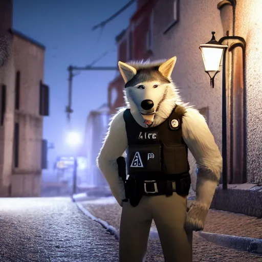 Prompt: furry anthro 3d unreal engine render 4k police officer white wolf in uniform standing under a streetlamp in an alley at night warm lighting