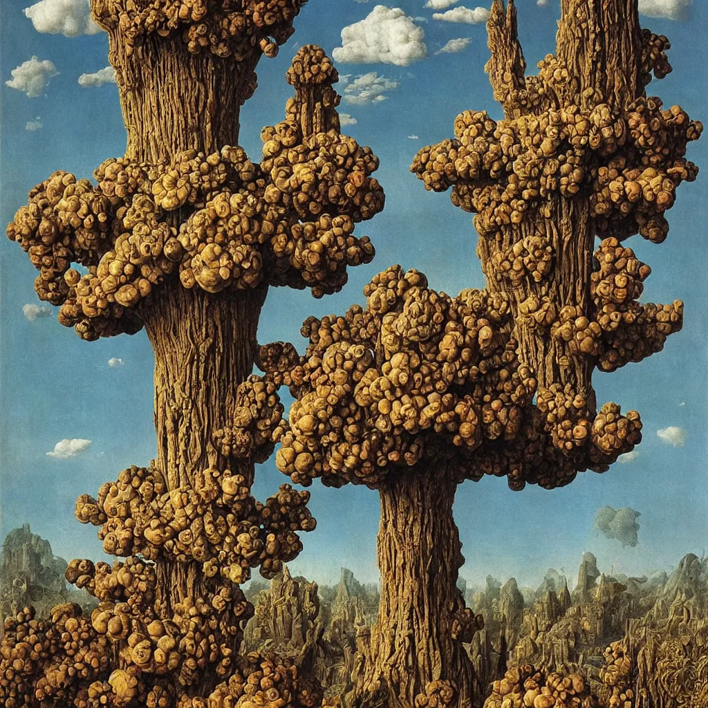 Image similar to a single colorful! ( lovecraftian ) fungus tower white! clear empty sky, a high contrast!! ultradetailed photorealistic painting by jan van eyck, audubon, rene magritte, agnes pelton, max ernst, walton ford, andreas achenbach, ernst haeckel, hard lighting, masterpiece