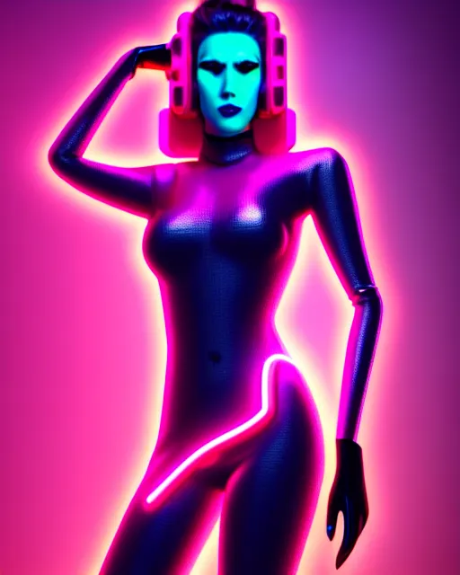 Image similar to ultra realistic photo of a cyber neon queen, retro futurism, full body pose, thick fancy eyeliner, hyper photorealistic, fashion photography, digital photography, trending on artstation, cinematic, 4 k ultra hd, art by pascal blanche, art by greg rutkowski