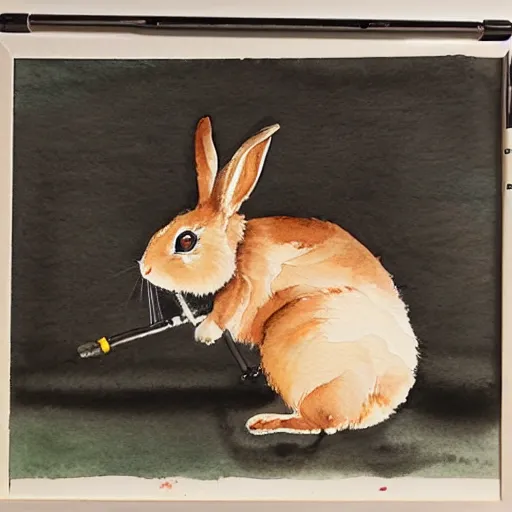 Image similar to a rabbit using a rowing machine, realistic watercolour