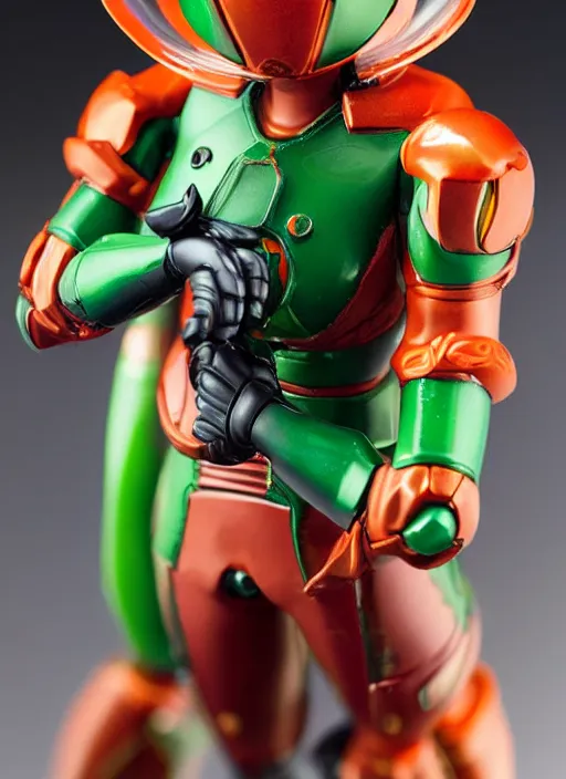 Image similar to helmet portrait of a figurine of samus aran's varia power suit from the sci - fi nintendo videogame metroid. designed by hiroji kiyotake. glossy. red round helmet, orange shoulder pads, green visor. shallow depth of field. suit of armor.