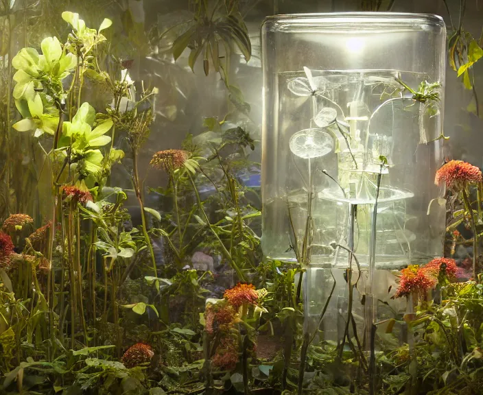 Image similar to simplicity, transparent clear see - through photo of lab equipment, lush botany, floral environment, ultra realistic, concept art, pop art, photorealistic, octane render, 8 k, unreal engine. art by gustave dore and nori inoguchi and sam kaplan and zachary goulko and christopher marley and artgerm and alphonse mucha