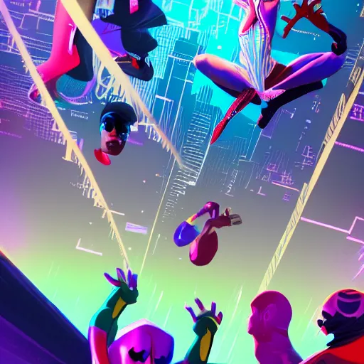Prompt: 2 djs playing music in front of a crowd , art in the style of arcane, spiderverse, highly detailed, trending on artstationhq, cinematic