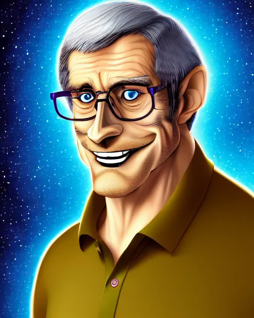 Prompt: cell shaded, pleasant, happy, husky, nerdy man character portrait, on an alien planet, illustrated by don bluth, wearing polo shirt, earth tones, dark auburn wavy hair, full beard, glasses without frames, freckles, highly detailed, dynamic shadows, 4 k, wallpaper - 1 0 2 4