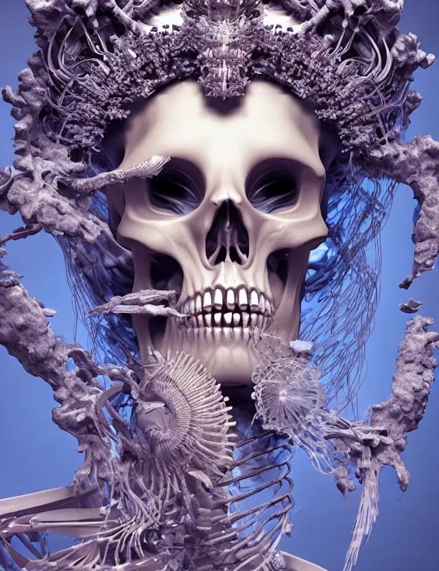 Image similar to 3 d goddess skeleton macro close - up portrait with crown made of ram skull. betta fish, jellyfish phoenix, bioluminiscent, plasma, ice, water, wind, creature, super intricate ornaments artwork by tooth wu and wlop and beeple and greg rutkowski