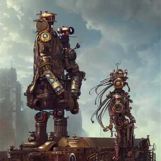 Image similar to two steampunk robots standing on a building, apocalyptic, apocalyptic city, gloomy, 8 k, octane render, ultra detailed, art by artgerm and greg rutkowski and alphonse mucha, artstation