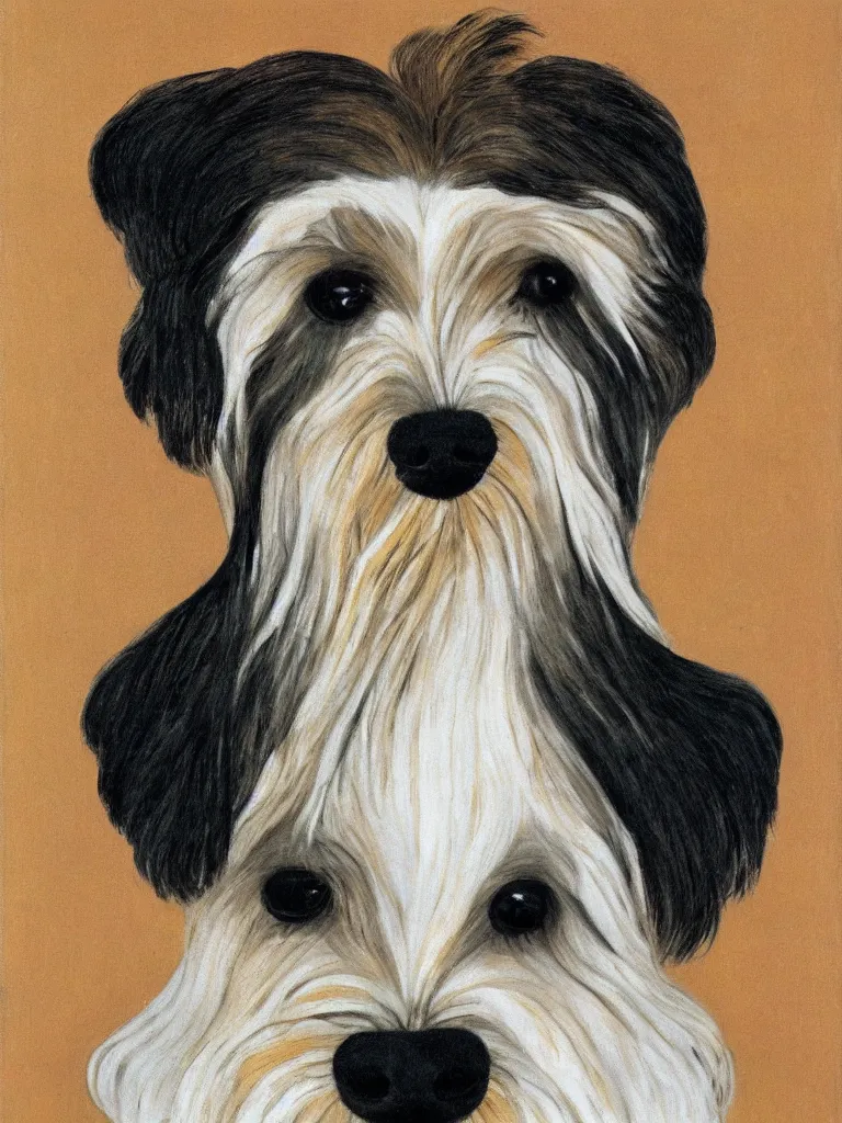 Image similar to self portrait of a cream colored havanese dog with strong eyebrows, by frieda kahlo