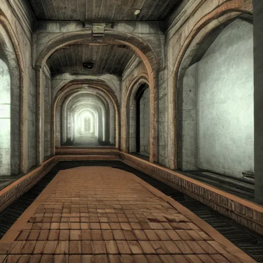 Image similar to interior architecture from quake, lovecraftian, liminal space, unreal engine 5, hyper detailed, hyper realistic