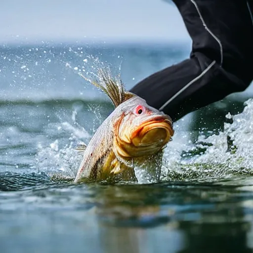 Image similar to closeup of a fish jumping out of the water as a fisherman reels him in