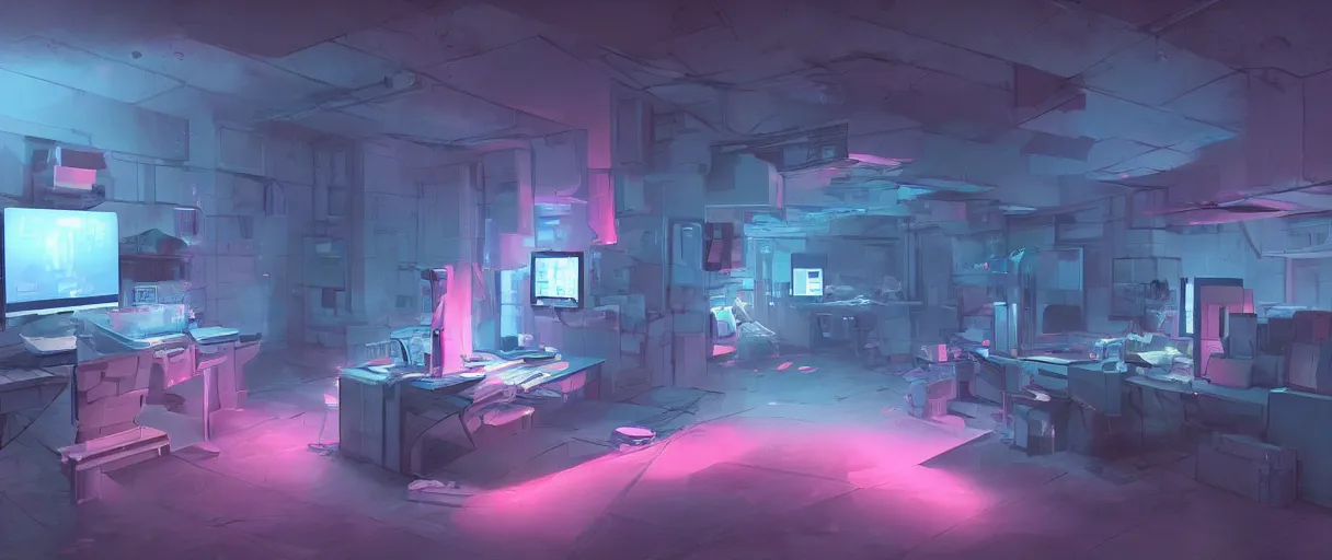 Prompt: hyperrealistic document archive in a bunker, very detailed, technology, cyberpunk, dark blue and pink volumetric light, cgsociety, in the style of artgerm and artstation