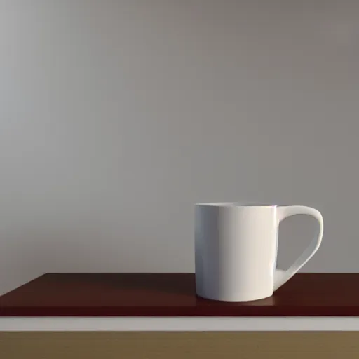 Image similar to White mug, hyperrealism, diffuse shadows, colored lighting, unreal engine 5 tech demo, octane render, Frank Lloyd Wright ((Studio Ghibli))