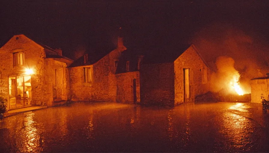 Image similar to 1 9 7 0 s movie still of a heavy burning french style stonehouse in a small french village by night rain, cinestill 8 0 0 t 3 5 mm, heavy grain, high quality, high detail, dramatic light, anamorphic, flares