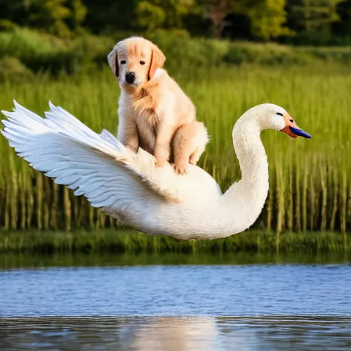 Prompt: a golden retriever puppy riding on the back of a swan, near a pond, flowers everywhere, golden hour, beautiful landscape,