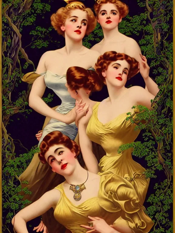 Prompt: Kiernan shipka as the three graces, a beautiful art nouveau portrait by Gil elvgren, Moonlit forest environment, centered composition, defined features, golden ratio, silver jewelry