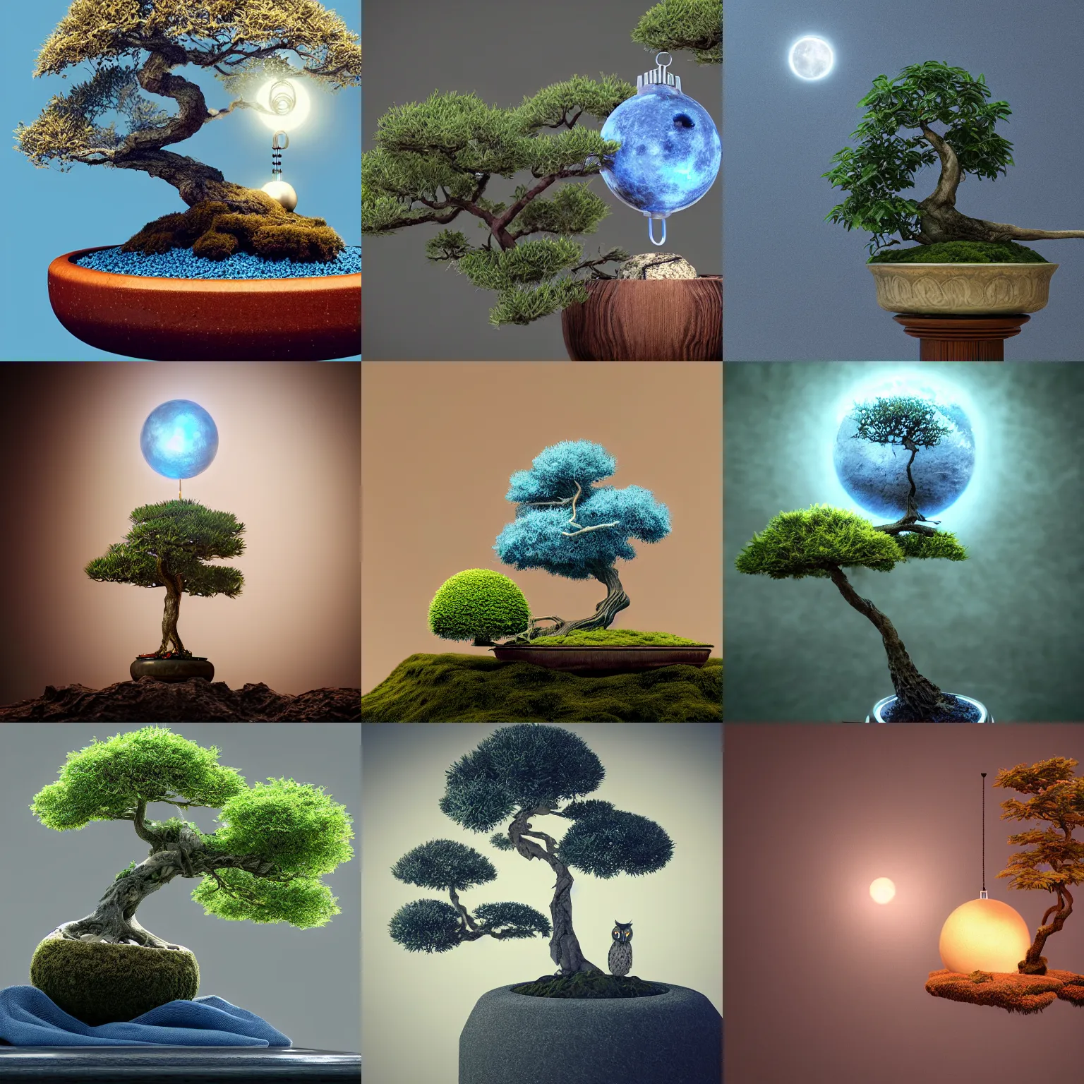 Prompt: owl pendulum on a bonsai tree, intricate detail, volumetric lighting, epic composition, hyper detailed, ultra realistic, sharp focus, octane render, volumetric, ray tracing, sense of awe, swirling mist, blue moon