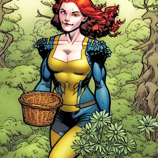 Image similar to A cute little Jean Grey by xmen collecting flowers in the forest. Absurdly-detailed fantasy character illustration by Rebecca Guay and Wayne Reynolds