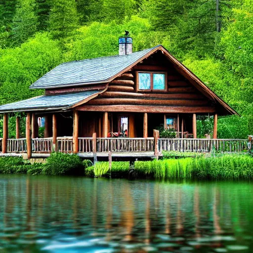 Prompt: Photograph of a cabin by a lake in the style of Thomas Kincaid