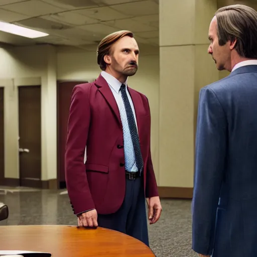 Image similar to Miles Edgeworth as a guest character in Better Call Saul, confronting Saul Goodman in the courthouse hallway before a trial, live action still, 4K studio photography