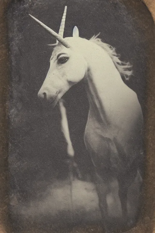 Prompt: a tintype photograph of a unicorn